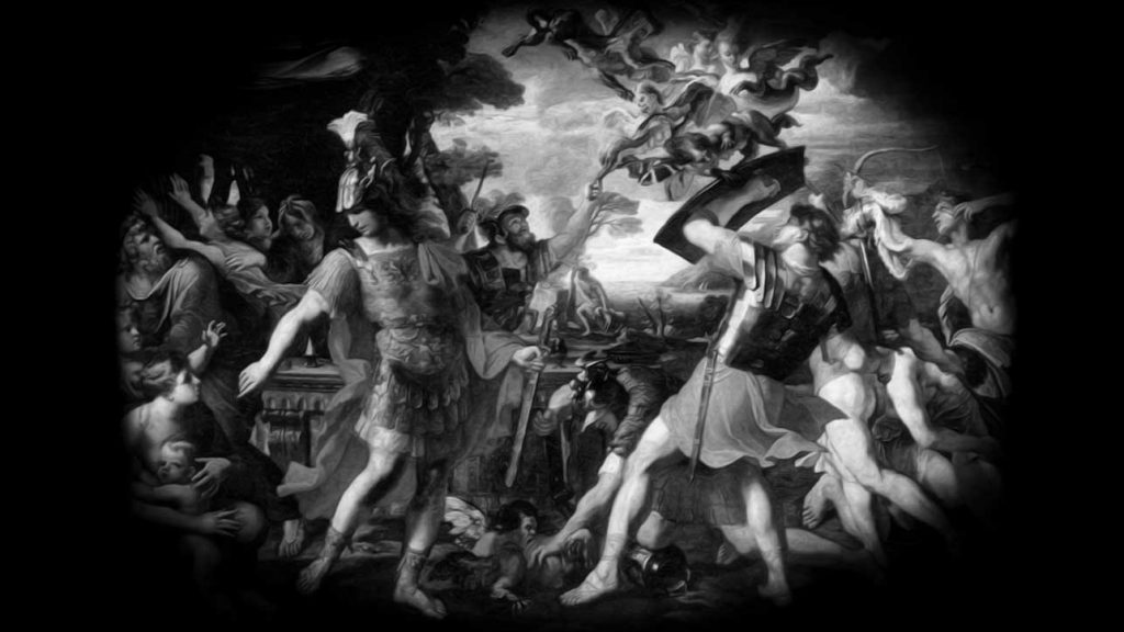 Aeneas and the Trojans fighting the Harpies